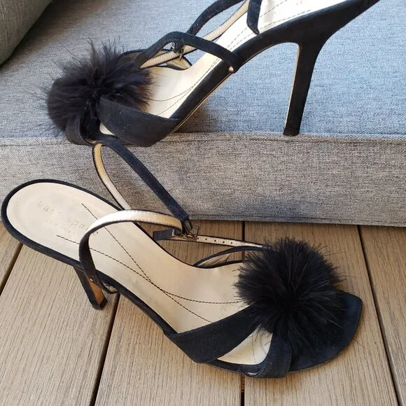 EUC kate spade pom-pom jet black heeled ankle sandals (10) - Picture 7 of 10